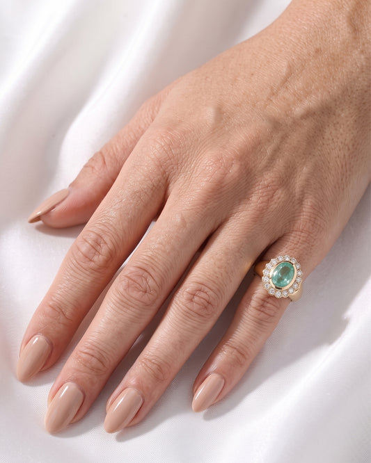Amelia: Oval Sea Green Scalloped Halo with Signet Band Ring