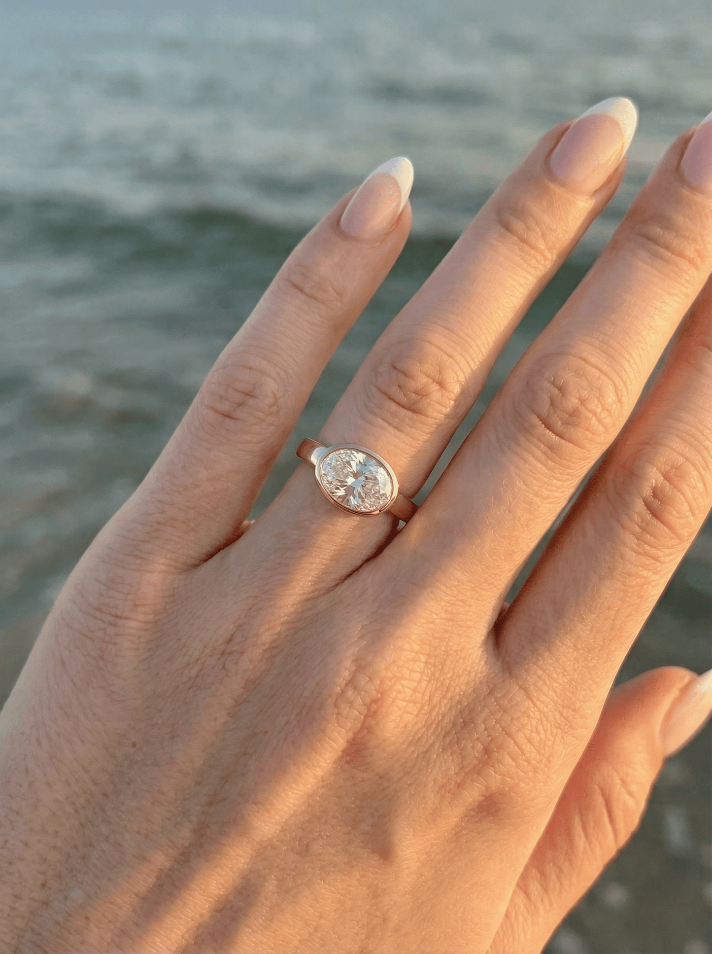 East West Bezel Oval Solitaire Moissanite Engagement Ring - Moissanite Engagement Rings