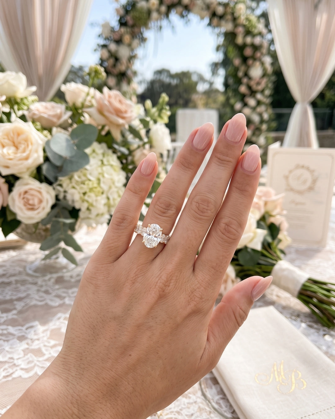 Eloise: Oval Solitaire with Oval Eternity Band Moissanite Engagement Ring