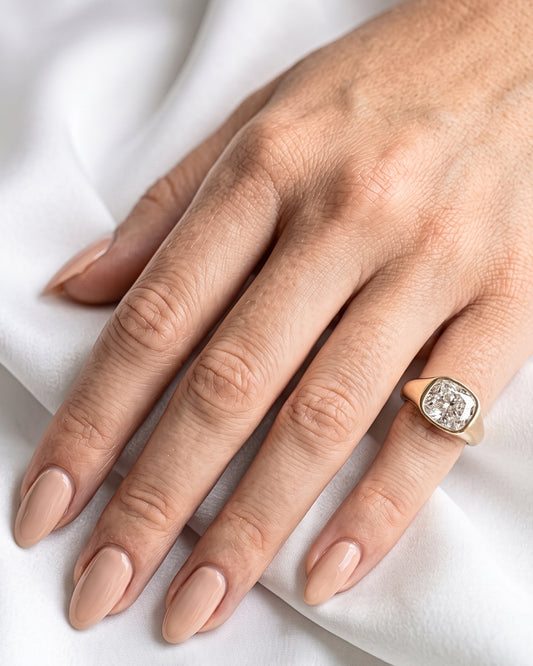 Freya: Elongated Cushion East West Bezel Solitaire with Signet Band Moissanite Engagement Ring