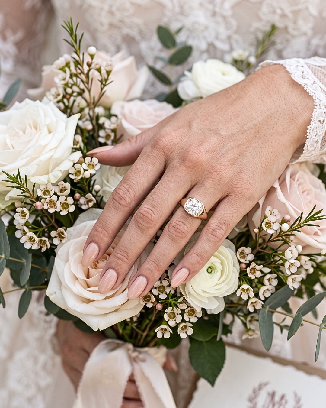 Freya: Elongated Cushion East West Bezel Solitaire with Signet Band Moissanite Engagement Ring