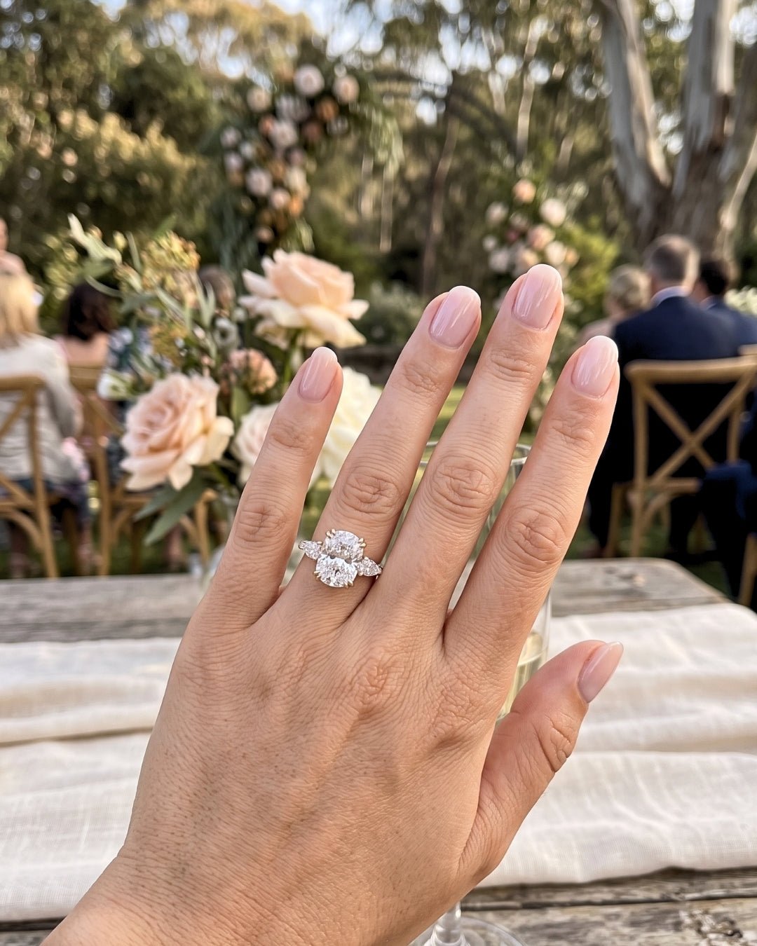 Harper - Elongated Cushion Trilogy Full Pavé Moissanite Engagement Ring - Moissanite Engagement Rings