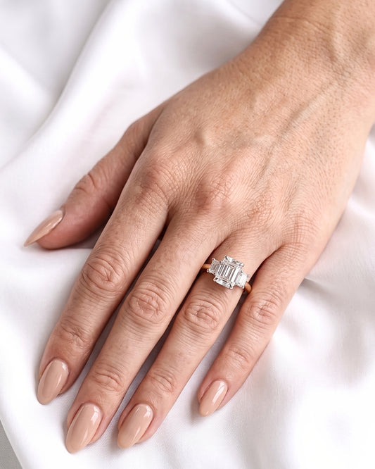 Juno: Emerald Platinum Trilogy Yellow Gold Band Moissanite Engagement Ring