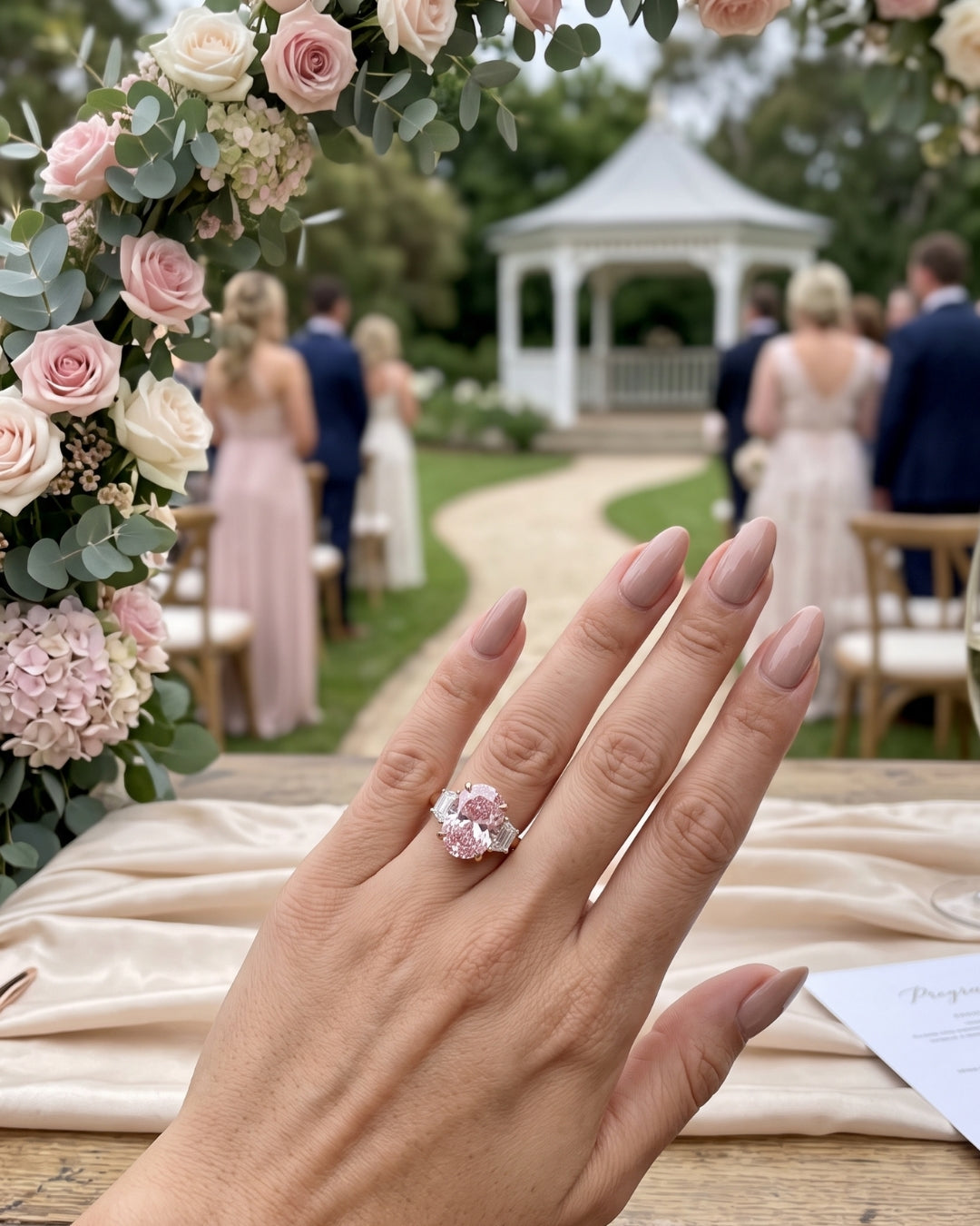 Nadine: Pink Oval with Two-Tone Half Moon Side Stones Moissanite Engagement Ring