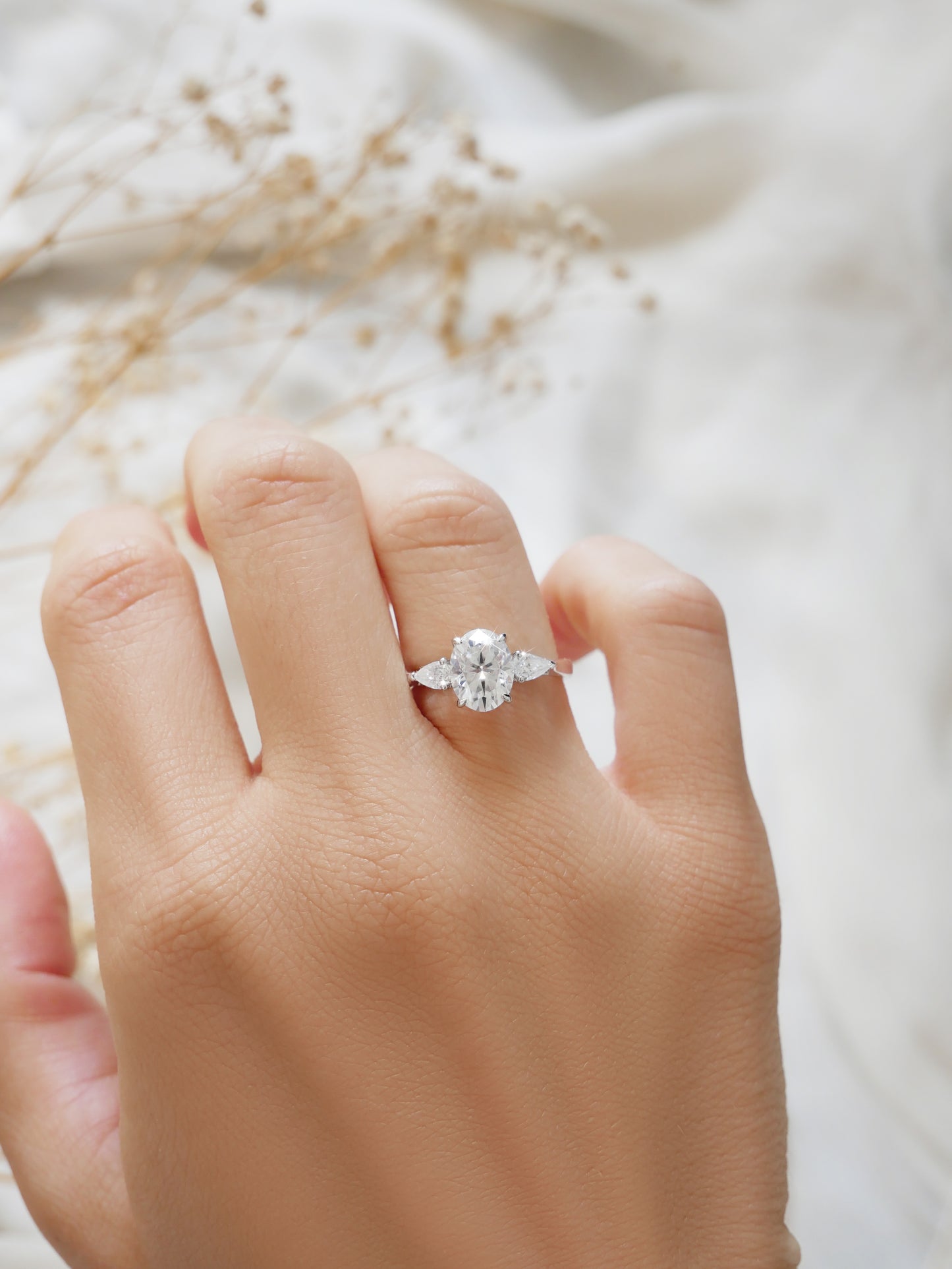 Oval Pear Accent Stones Moissanite Engagement Ring