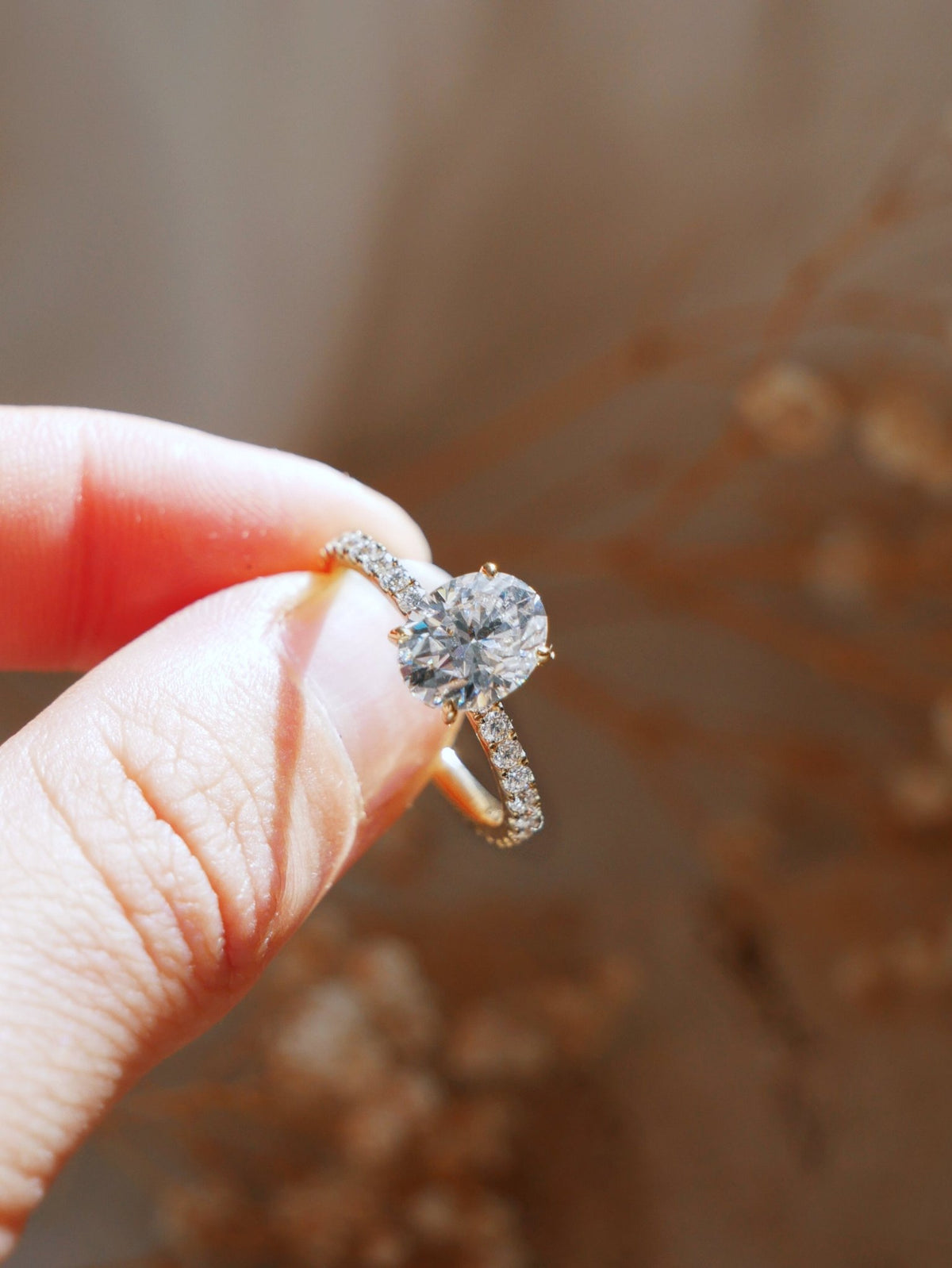 Oval Half Pavè Hidden Halo Moissanite Engagement Ring - Moissanite Engagement Rings