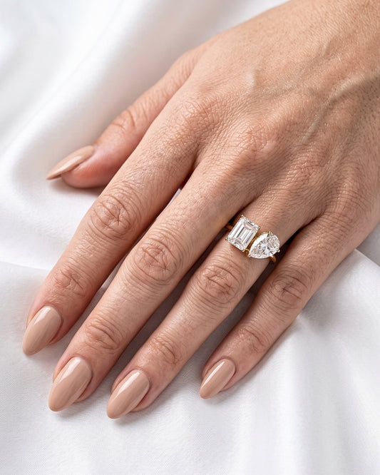 Ruby: Emerald & Pear Cut Two-Stone Moissanite Engagement Ring - Ready To Ship