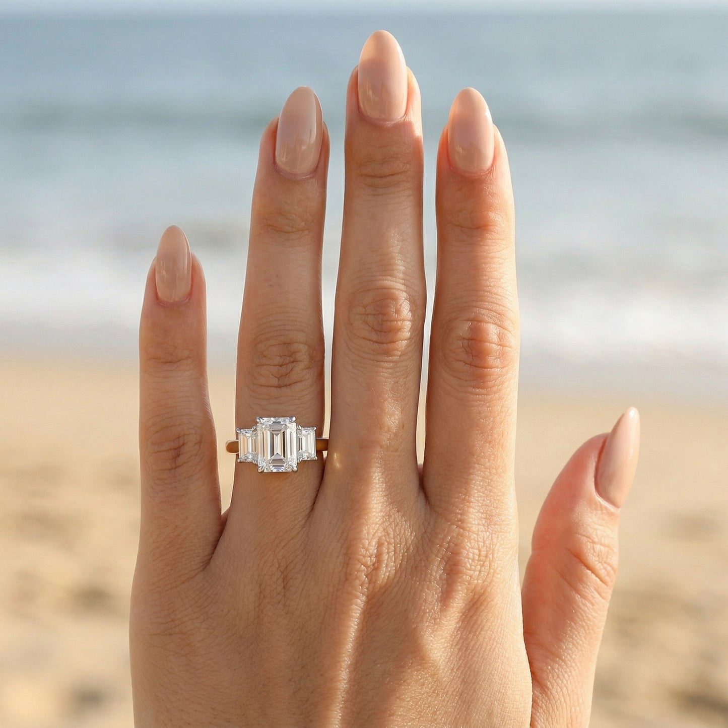 Emerald Platinum Trilogy Yellow Gold Band Moissanite Engagement Ring - Moissanite Engagement Rings