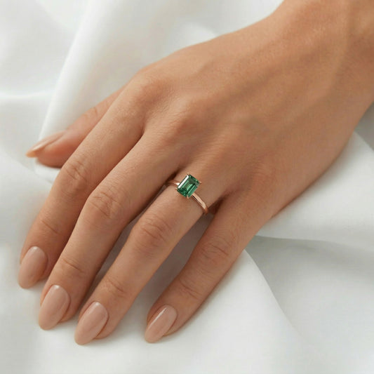 Emerald Cut Emerald Coloured Solitaire Moissanite Engagement Ring - Moissanite Engagement Rings