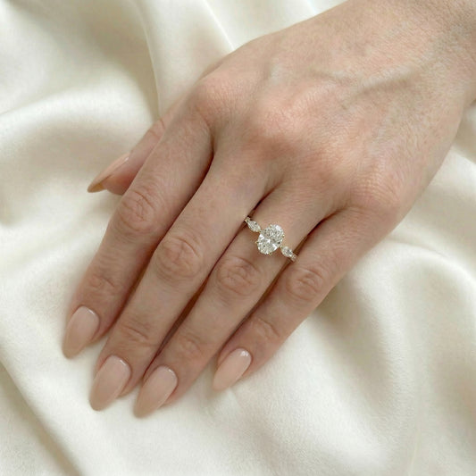 Oval and Marquise Three-Stone Moissanite Engagement Ring — Guthrie Jewellery