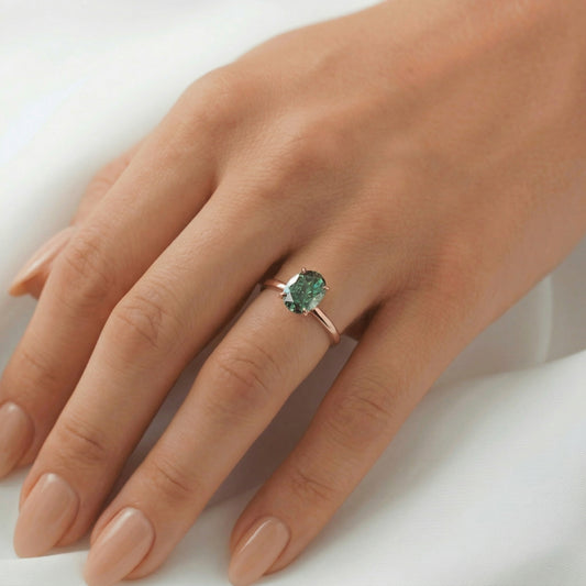 Oval Solitaire Blue - Green Emerald Moissanite Engagement Ring - Moissanite Engagement Rings