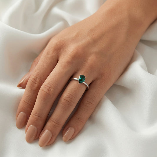 Pear Solitaire Dark Emerald Moissanite Engagement Ring - Moissanite Engagement Rings
