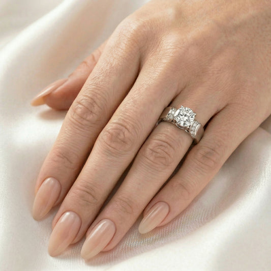 Round Bezel with Shoulder Accent Stones Solitaire Moissanite Engagement Ring