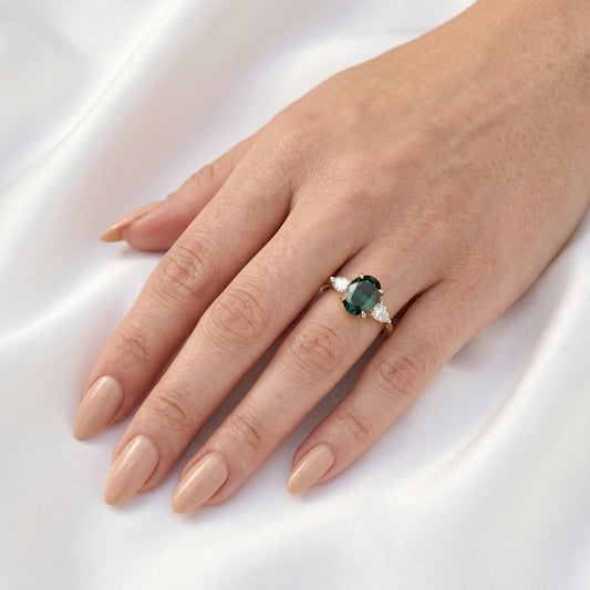 Oval Green Moissanite with Pear Accent Stones - Moissanite Engagement Rings