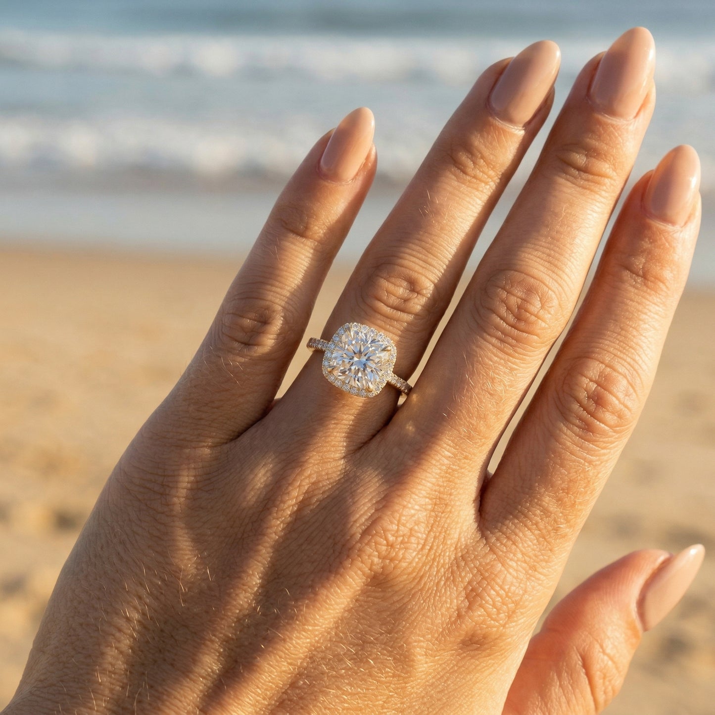 Cushion Halo Half Pavé Moissanite Engagement Ring - Moissanite Engagement Rings