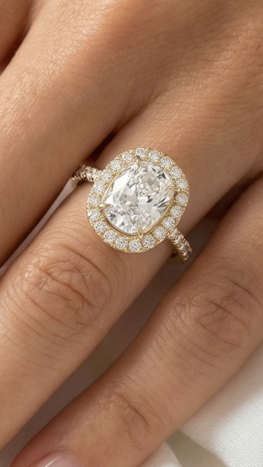 Elongated Cushion Halo Full Pavé Diamond Engagement Ring
