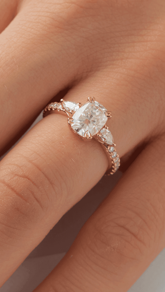Elongated Cushion Pear Setting 2/3 Pavé Diamond Engagement Ring - Moissanite Engagement Rings