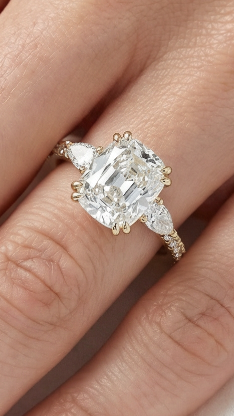 Elongated Cushion Trilogy Full Pavé Diamond Engagement Ring