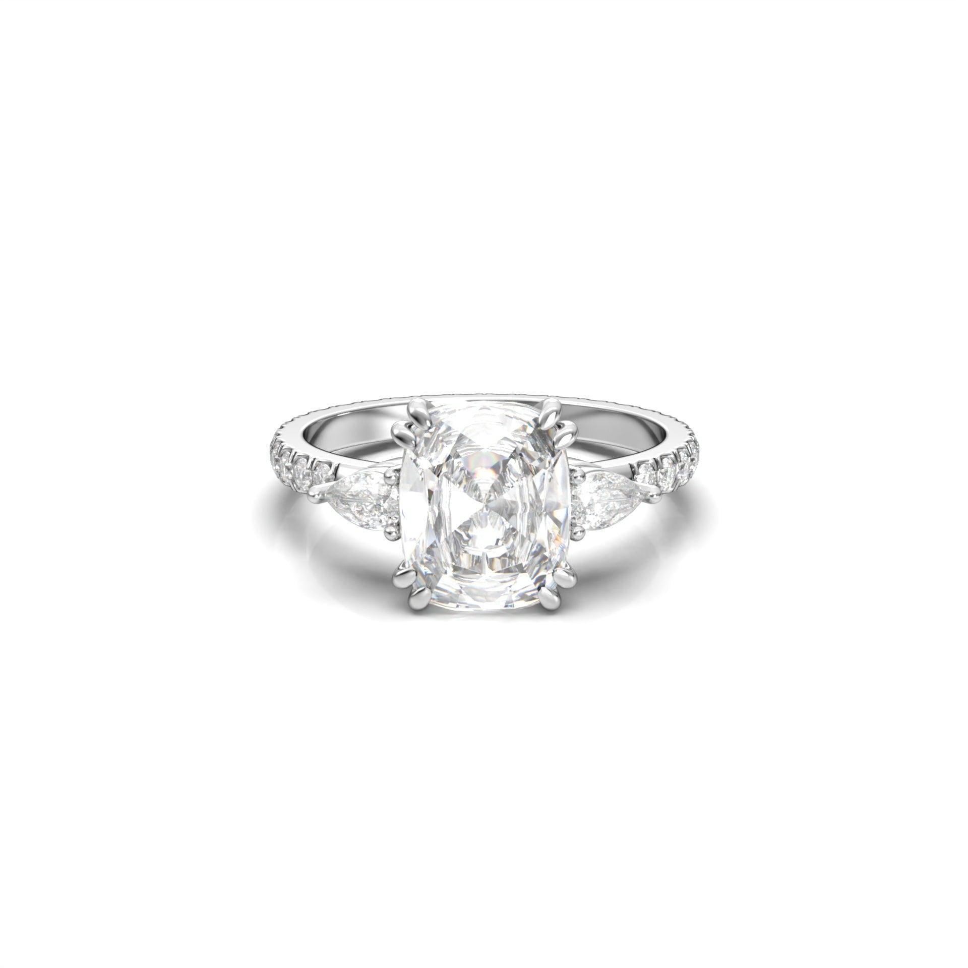 Elongated Cushion Trilogy Full Pavé Moissanite Engagement Ring - Moissanite Engagement Rings