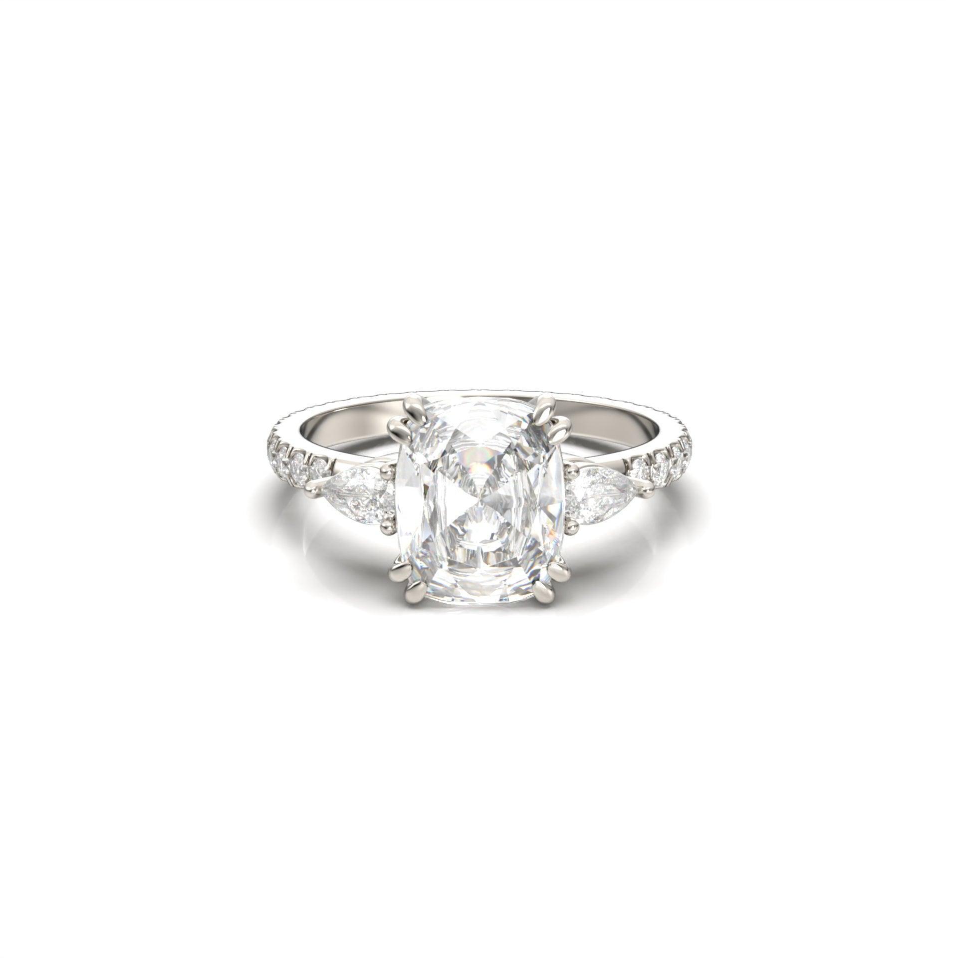 Elongated Cushion Trilogy Full Pavé Moissanite Engagement Ring - Moissanite Engagement Rings