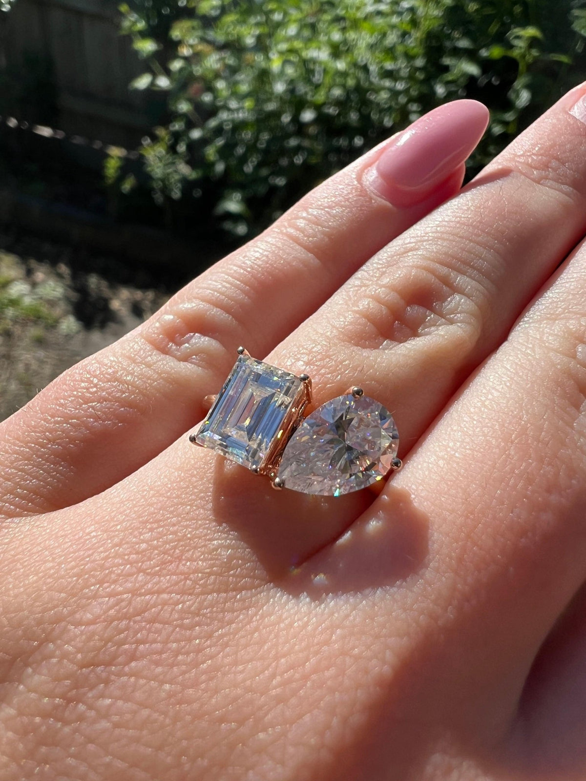 Emerald & Pear Cut Two - Stone Moissanite Engagement Ring - Ready To Ship - Moissanite Engagement Rings