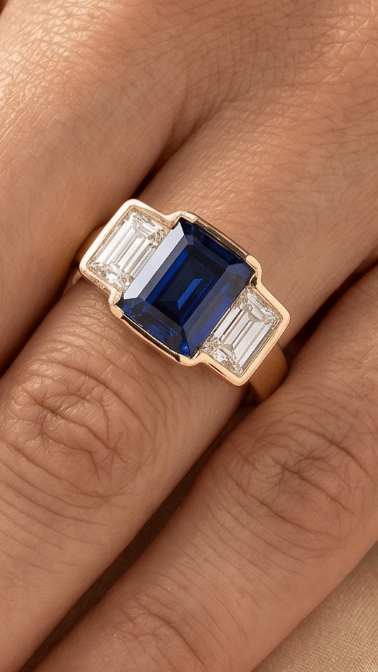 Emerald Blue Trilogy Moissanite Engagement Ring - Moissanite Engagement Rings