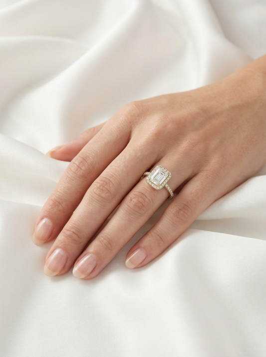 Emerald Halo Half Pavé Moissanite Engagement Ring