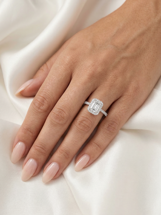 Emerald Halo Half Pavé Moissanite Engagement Ring