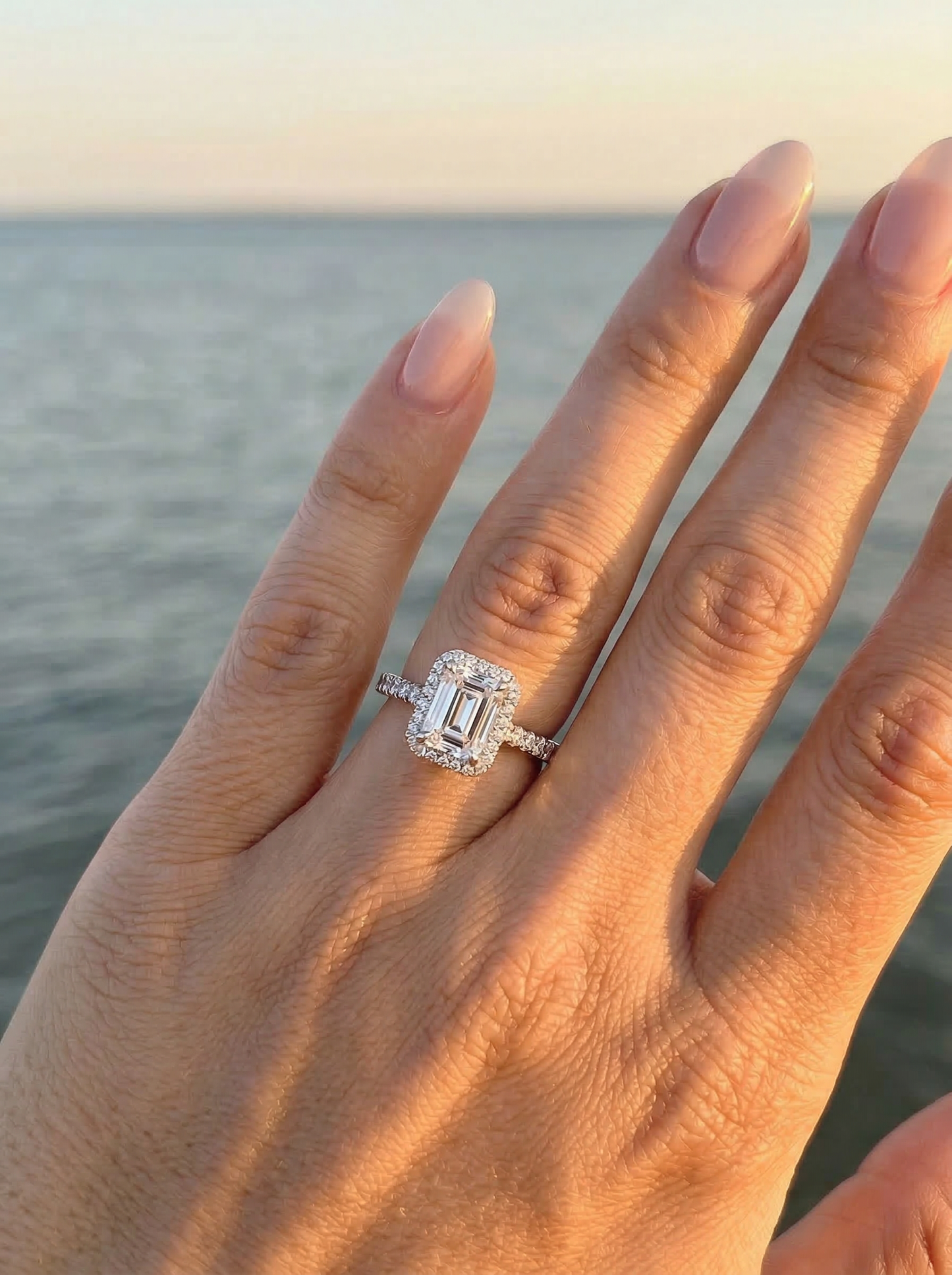 Emerald Halo Half Pavé Moissanite Engagement Ring