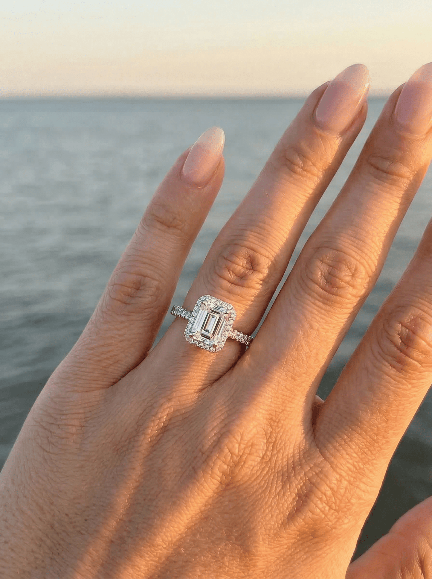 Emerald Halo Half Pavé Moissanite Engagement Ring - Moissanite Engagement Rings