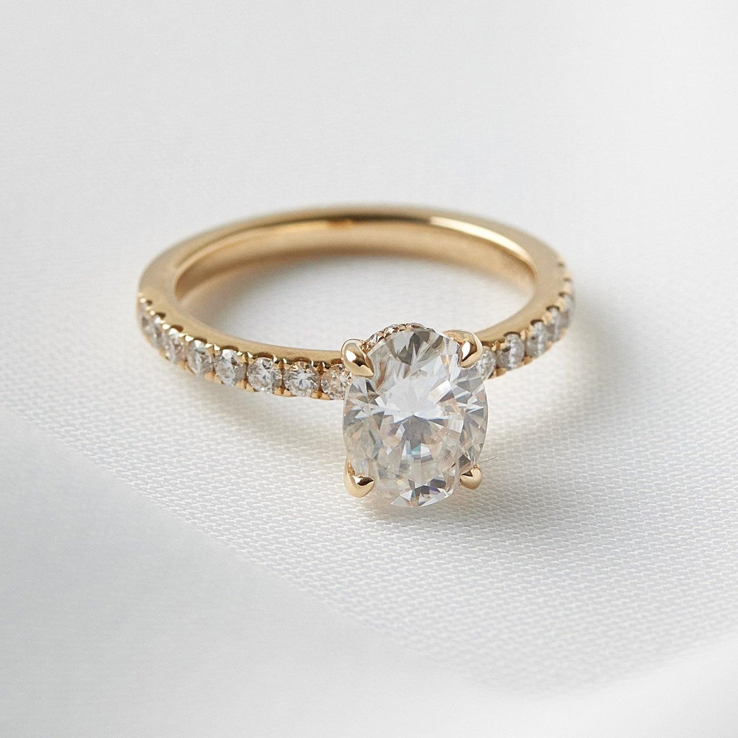 Oval 4 Claw Half Pavè Hidden Halo Moissanite Engagement Ring - Ready To Ship - Moissanite Engagement Rings