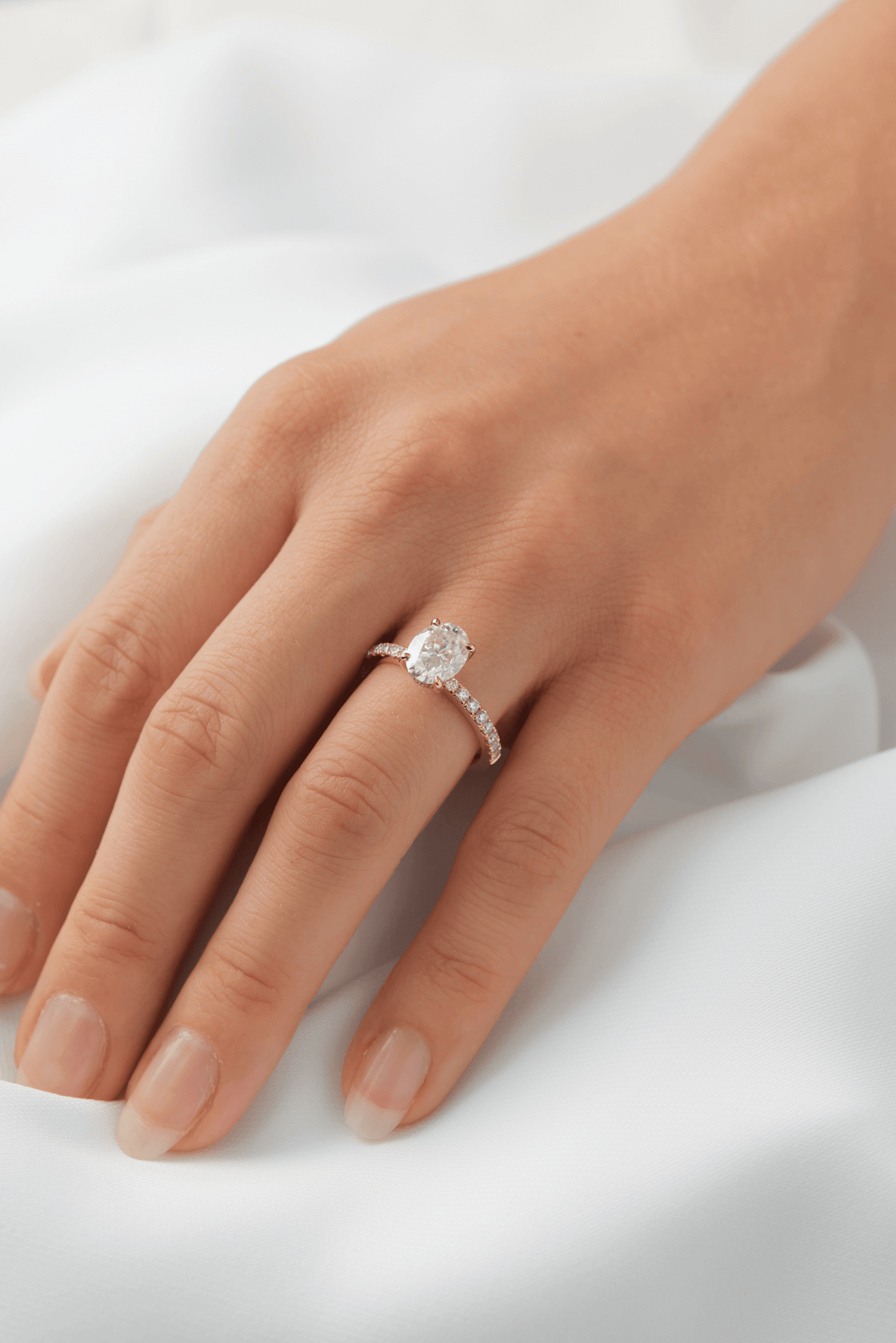 Oval 4 Claw Half Pavè Hidden Halo Moissanite Engagement Ring - Ready To Ship - Moissanite Engagement Rings