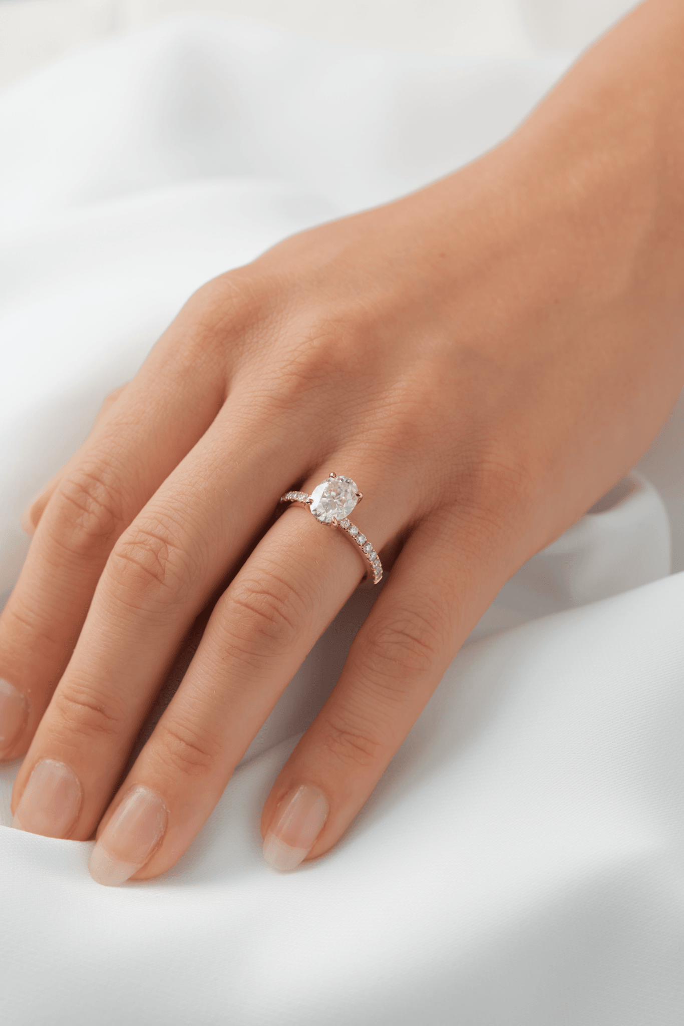 Oval 4 Claw Half Pavè Hidden Halo Moissanite Engagement Ring - Ready To Ship - Moissanite Engagement Rings