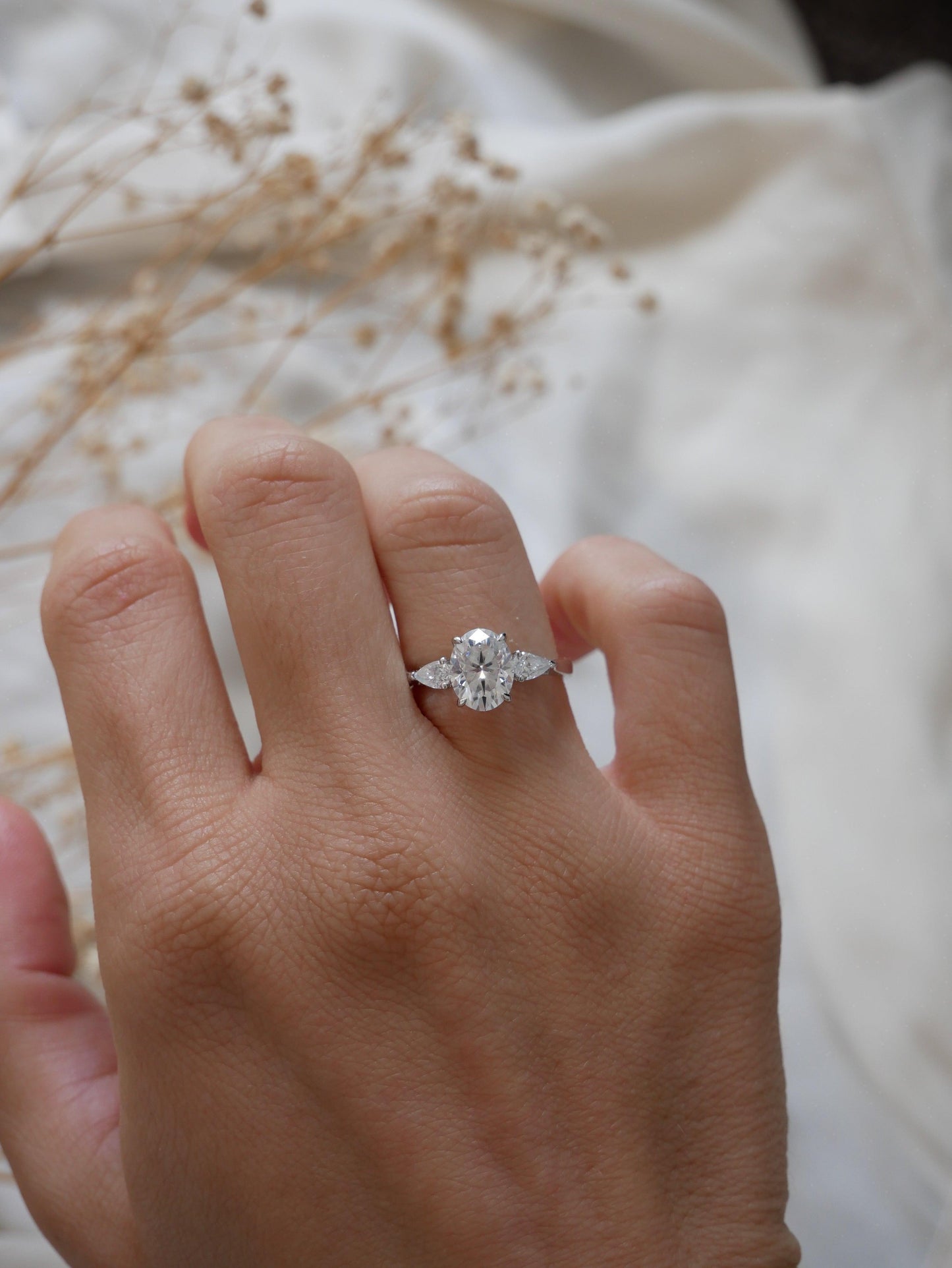 Oval Pear Accent Stones Diamond Engagement Ring - Moissanite Engagement Rings