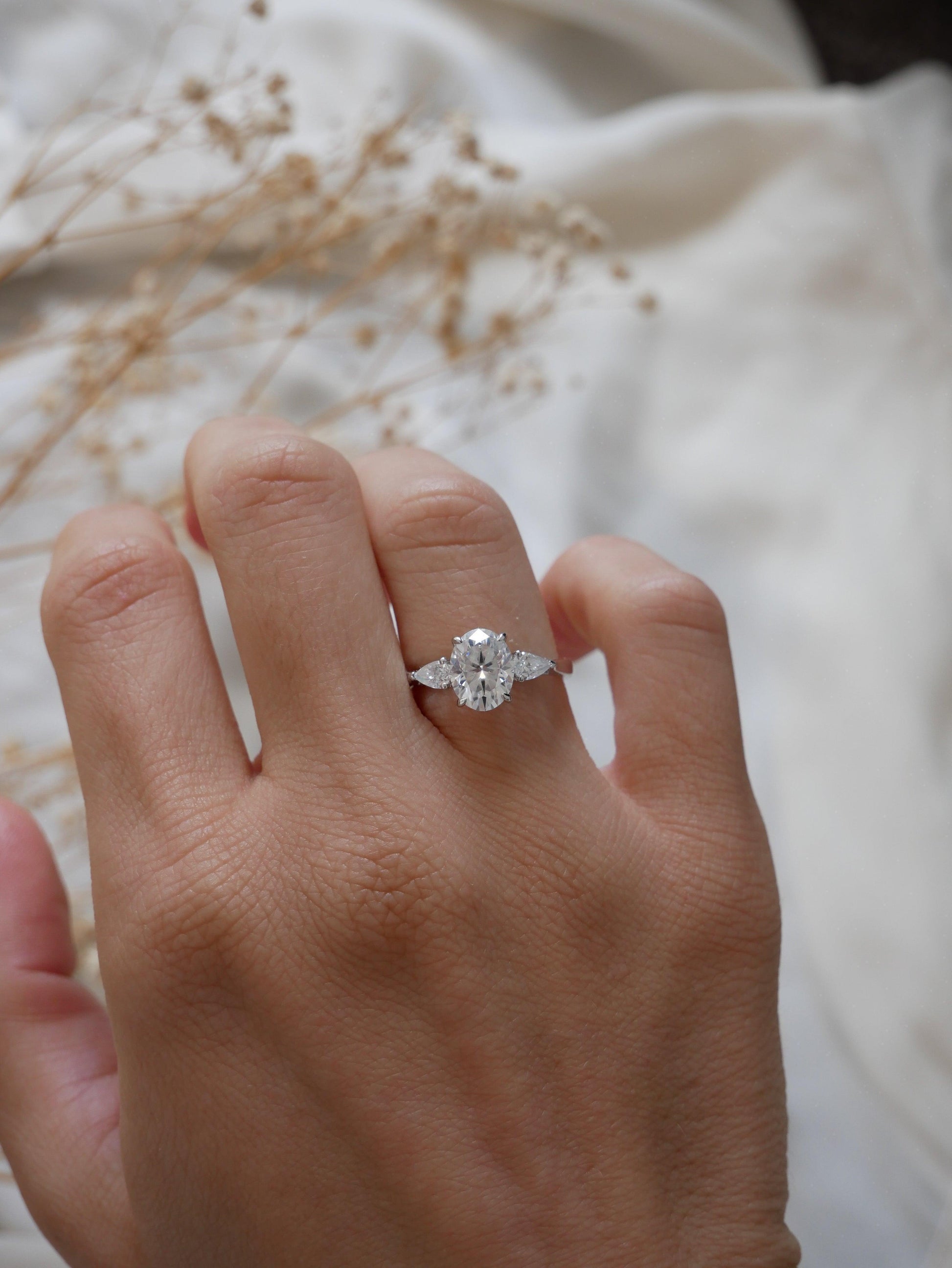 Oval Pear Accent Stones Diamond Engagement Ring - Moissanite Engagement Rings