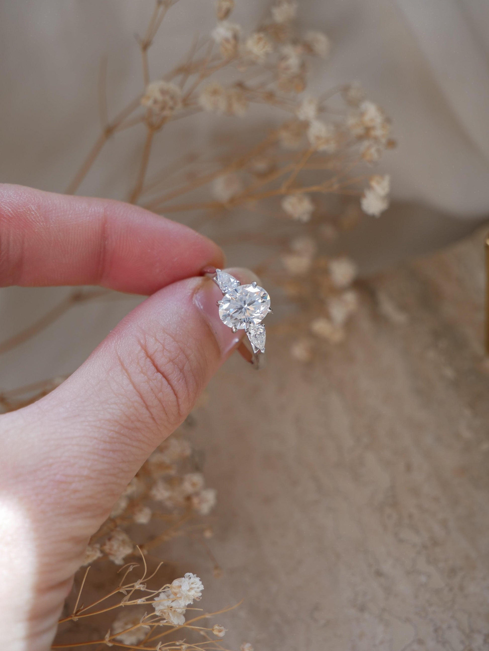 Oval Pear Accent Stones Diamond Engagement Ring - Moissanite Engagement Rings