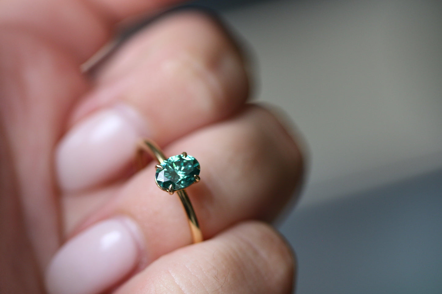 Oval Solitaire Emerald Colour Moissanite Engagement Ring - Moissanite Engagement Rings