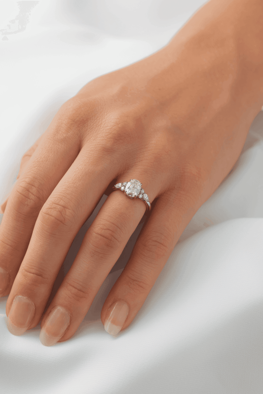 Oval Trio Accent Stones Diamond Engagement Ring - Moissanite Engagement Rings