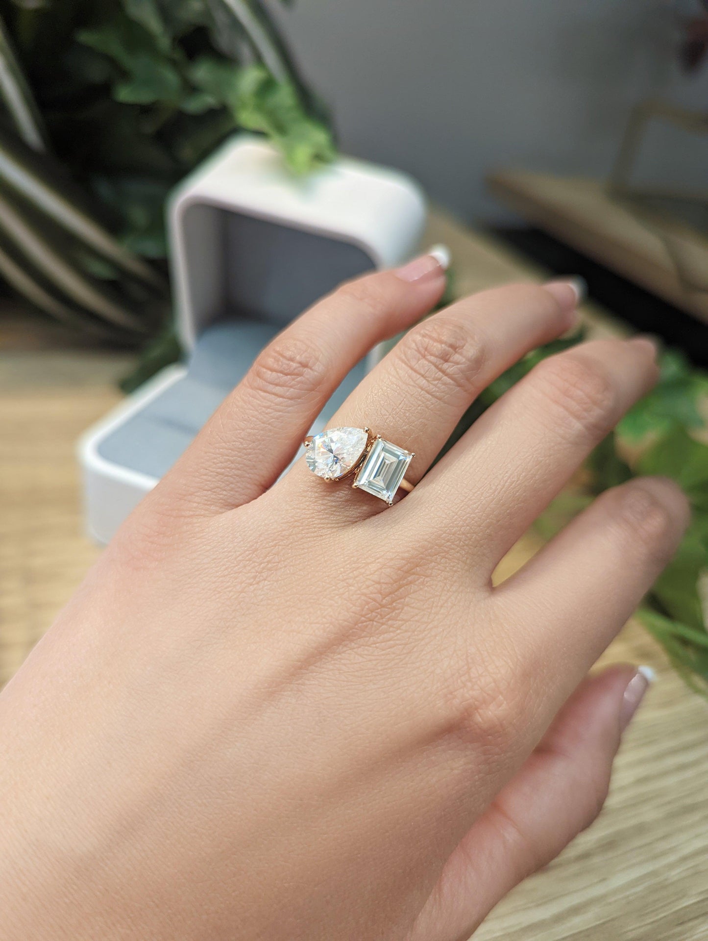 Pear & Emerald Two-Stone Moissanite Engagement Ring - Moissanite Engagement Rings