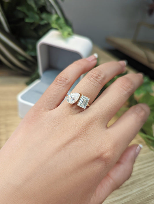 Pear & Emerald Two-Stone Moissanite Engagement Ring - Moissanite Engagement Rings