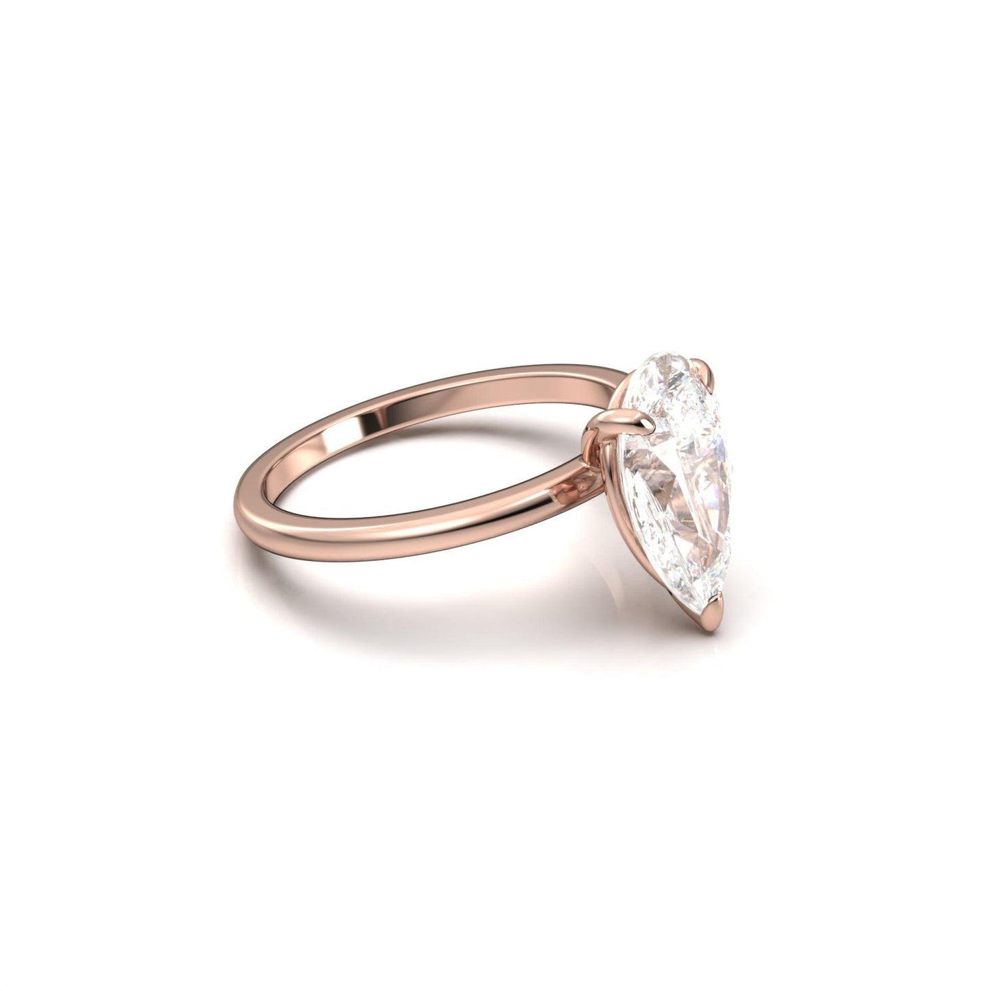 moissanite, pear solitaire, rose gold band, side view, engagement ring | Moissanite Engagement Rings