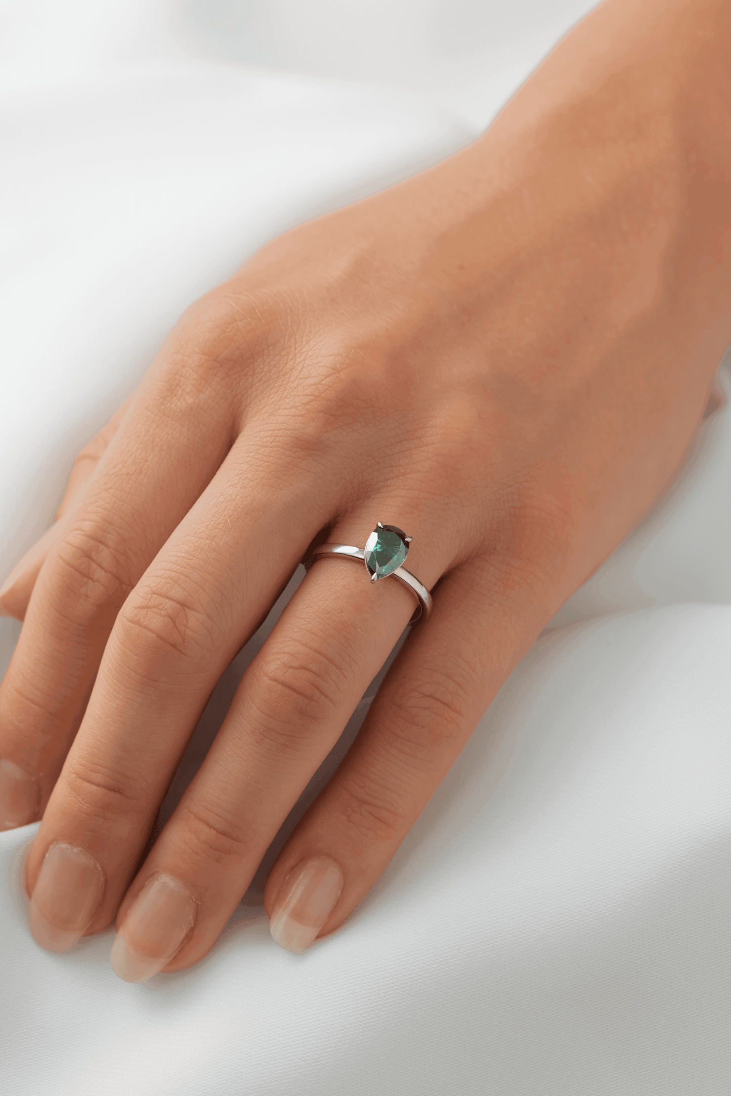 Pear Solitaire Dark Emerald Moissanite Engagement Ring - Moissanite Engagement Rings