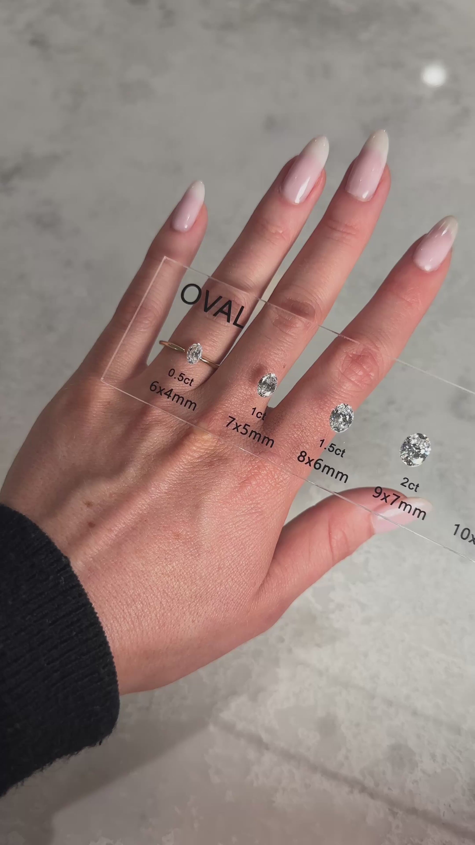 video showing oval moissanite solitaire rings, size comparison, hand model wearing each, visual size guide | Moissanite Engagement Rings