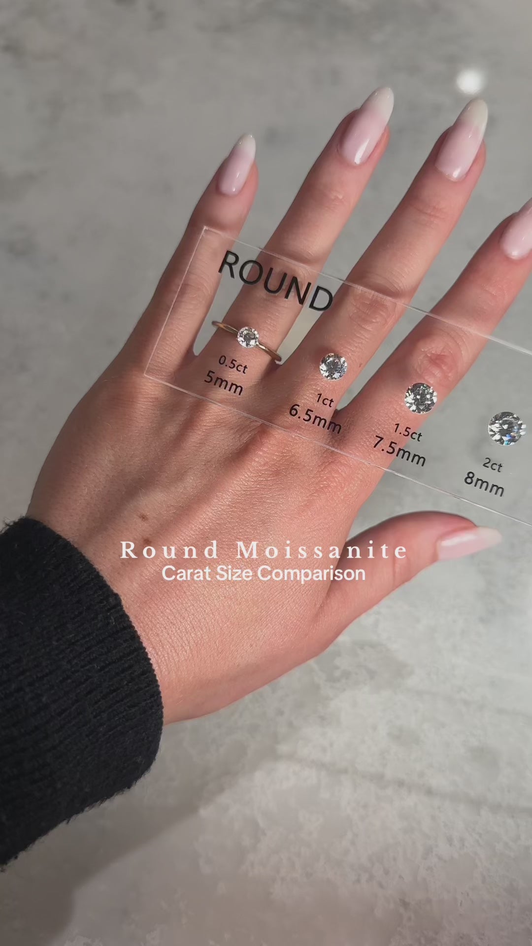video showing size comparison, round solitaire moissanite, engagement rings, different carat sizes, visual reference, sparkle detail | Moissanite Engagement Rings