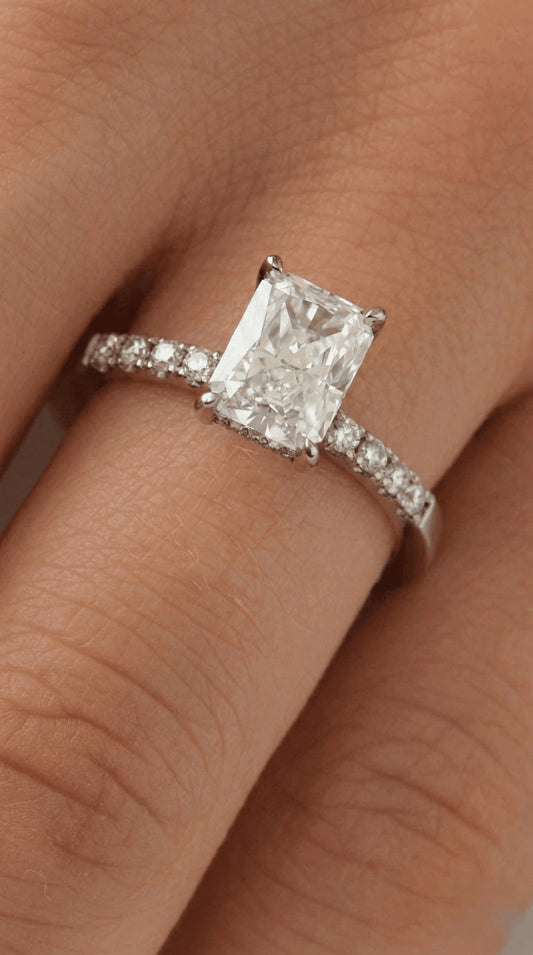 Soraya: Radiant Hidden Halo & Semi Pave Moissanite Engagement Ring - Ready To Ship