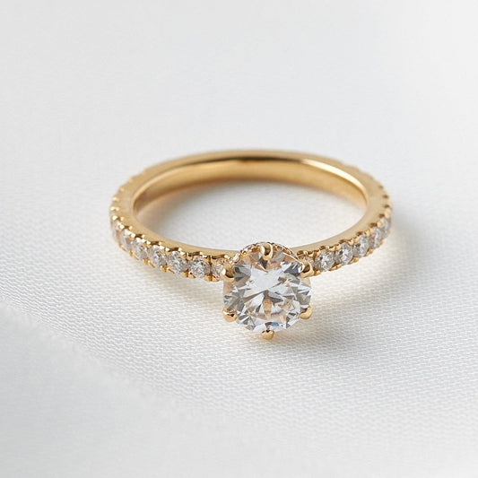 Round Half Pavè & Hidden Halo Moissanite Engagement Ring - Ready To Ship - Moissanite Engagement Rings
