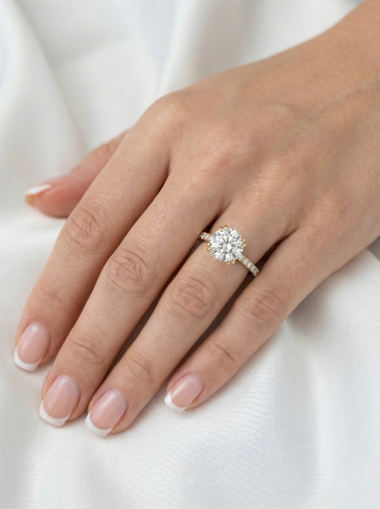 Round Hidden Halo Cathedral Moissanite Engagement Ring