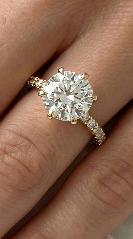 Round Solitaire 6 Claw Half Pavé Diamond Ring