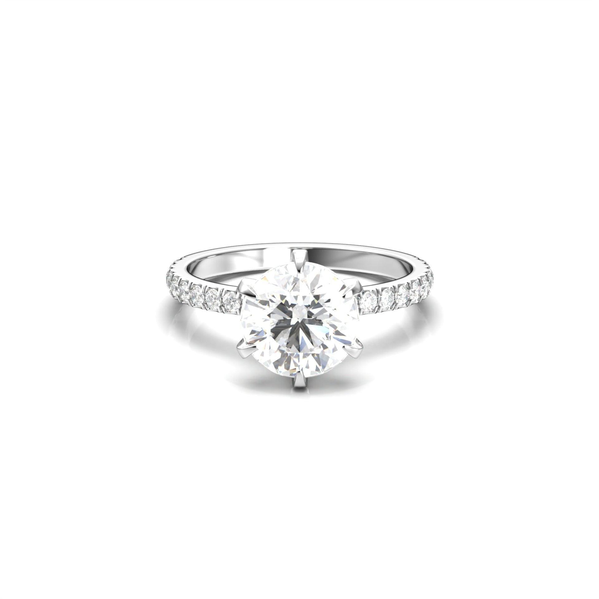 Round Solitaire 6 Claw Half Pavé Moissanite Ring - Moissanite Engagement Rings