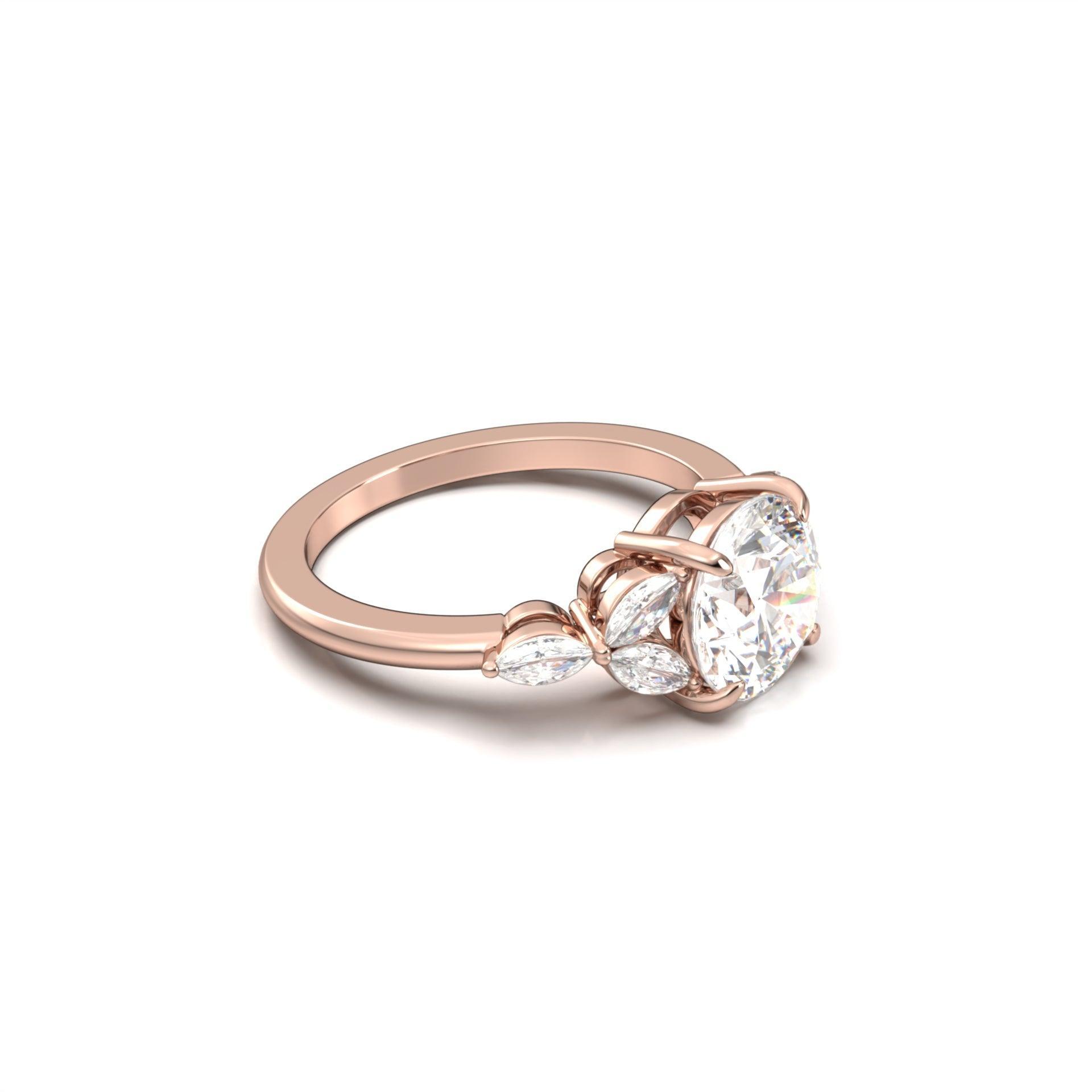 Round Triple Marquise Accent Stones Diamond Engagement Ring - Moissanite Engagement Rings